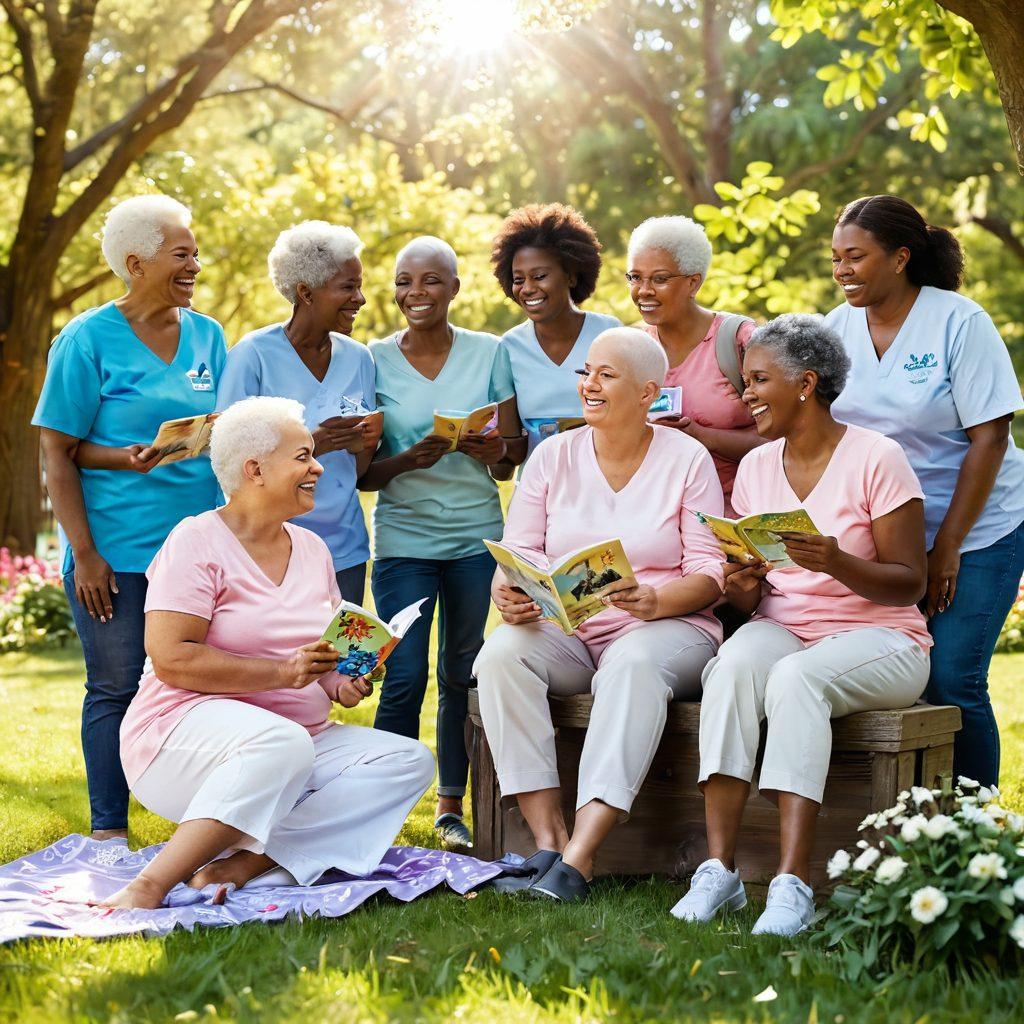 A compassionate scene depicting a diverse group of cancer survivors sharing smiles and stories in a sunlight-filled park. Include symbols of hope, like butterflies and blooming flowers, alongside treatment resources like brochures. Reflect warmth and resilience, showing connection and support among survivors. soft colors, uplifting atmosphere, and natural elements. vibrant colors. super-realistic.
